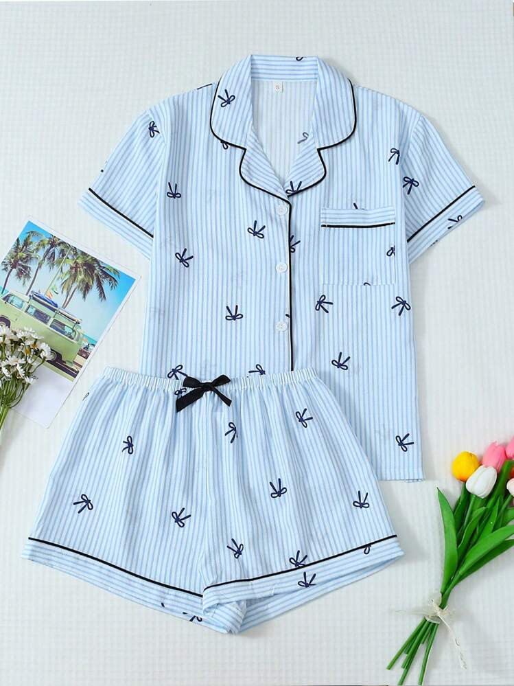 [Elegant Fields]2pcs/Set Women Comfortable Blue Stripe Bow Pattern Lapel Button Short Sleeve Top With Pocket And Bowknot Shorts Pajama Set, Suitable For Home Use, Spring/Summer, Cool Light Blue | SHEIN