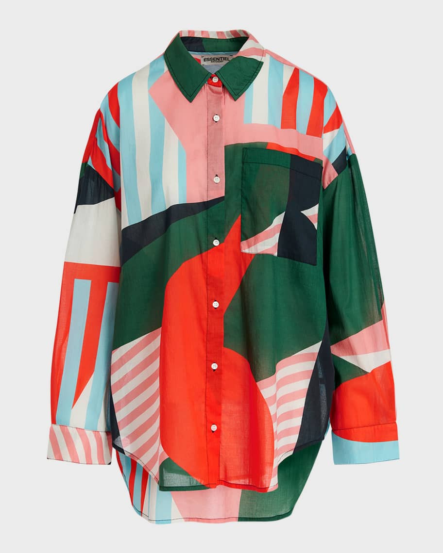 Essentiel Antwerp Falafel Oversized Abstract-Print Cotton Shirt | Neiman Marcus