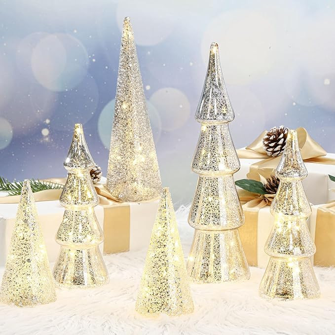 Loyim 6 Pcs Mercury Glass Christmas Tree Silver Plate Glass Tree Figurines with LED Fairy Lights ... | Amazon (US)