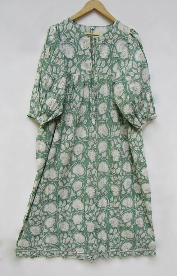 Green Lotus Block Printed Indian Look Long Maxi Dress  Henley | Etsy | Etsy (US)