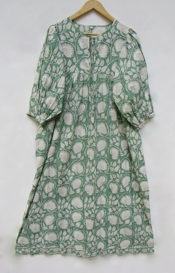 Green Lotus Block Printed Indian Look Long Maxi Dress  Henley | Etsy | Etsy (US)