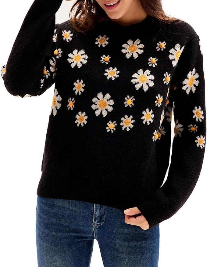 GRACE KARIN Women Embroidered Sweaters Pullover Crew Neck Long Sleeve Floral Top | Amazon (US)