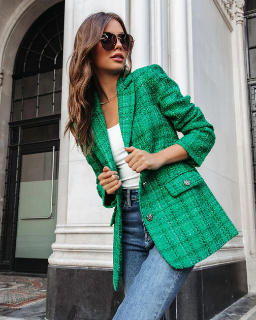 Priestly Pocketed Tweed Blazer - Emerald | VICI