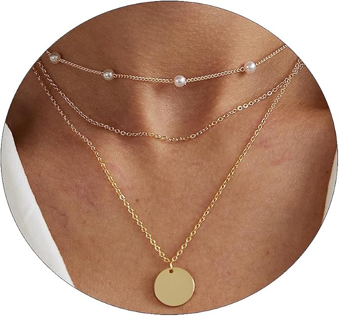 Dainty Pearl Pendant Necklaces for Women 14K Gold Plated Handmade Layered Pearl Chain Necklace De... | Amazon (US)