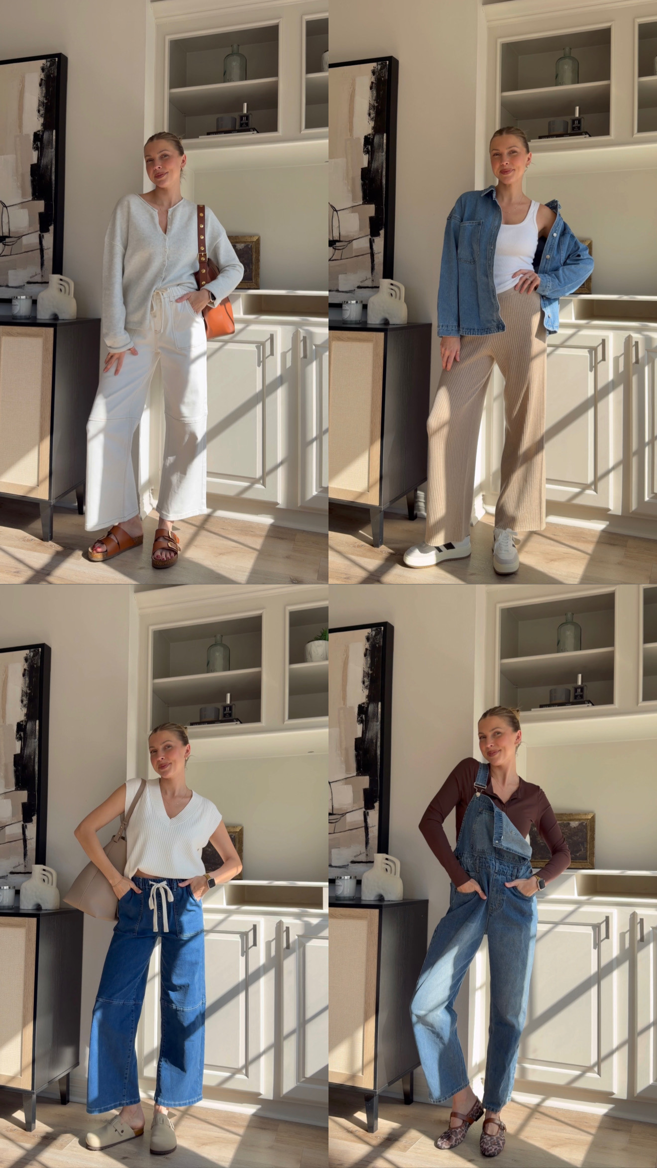 Easy + comfy mom outfit inspo! All are stretchy/perfect for postaprtum + nursing friendly. M in cardi, denim jacket, and overalls, 4 in both jeans, S in white tank, sweater vest, and long sleeve. 

 #LTKootd #LTKmomlife