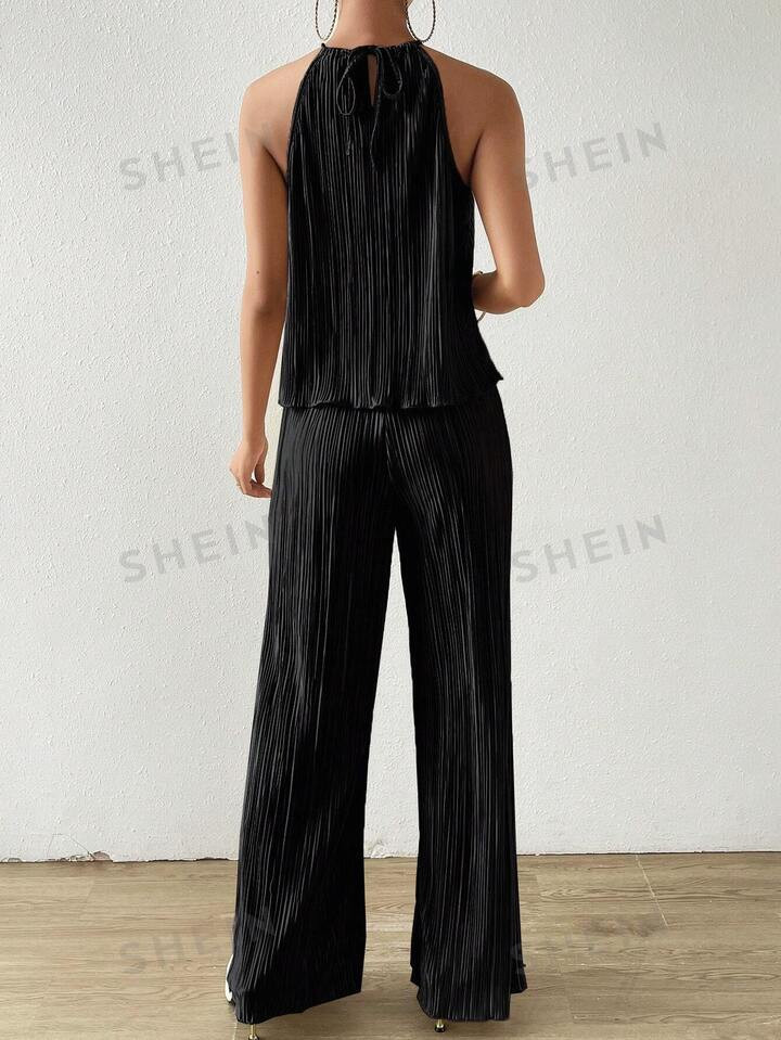 SHEIN Essnce Solid Halter Top & Wide Leg Pants | SHEIN