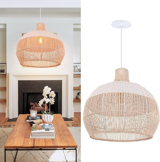 Arturesthome White Handwoven Rattan Boho Pendant Lighting Fixtures, Wicker Hanging Ceiling Light ... | Amazon (US)