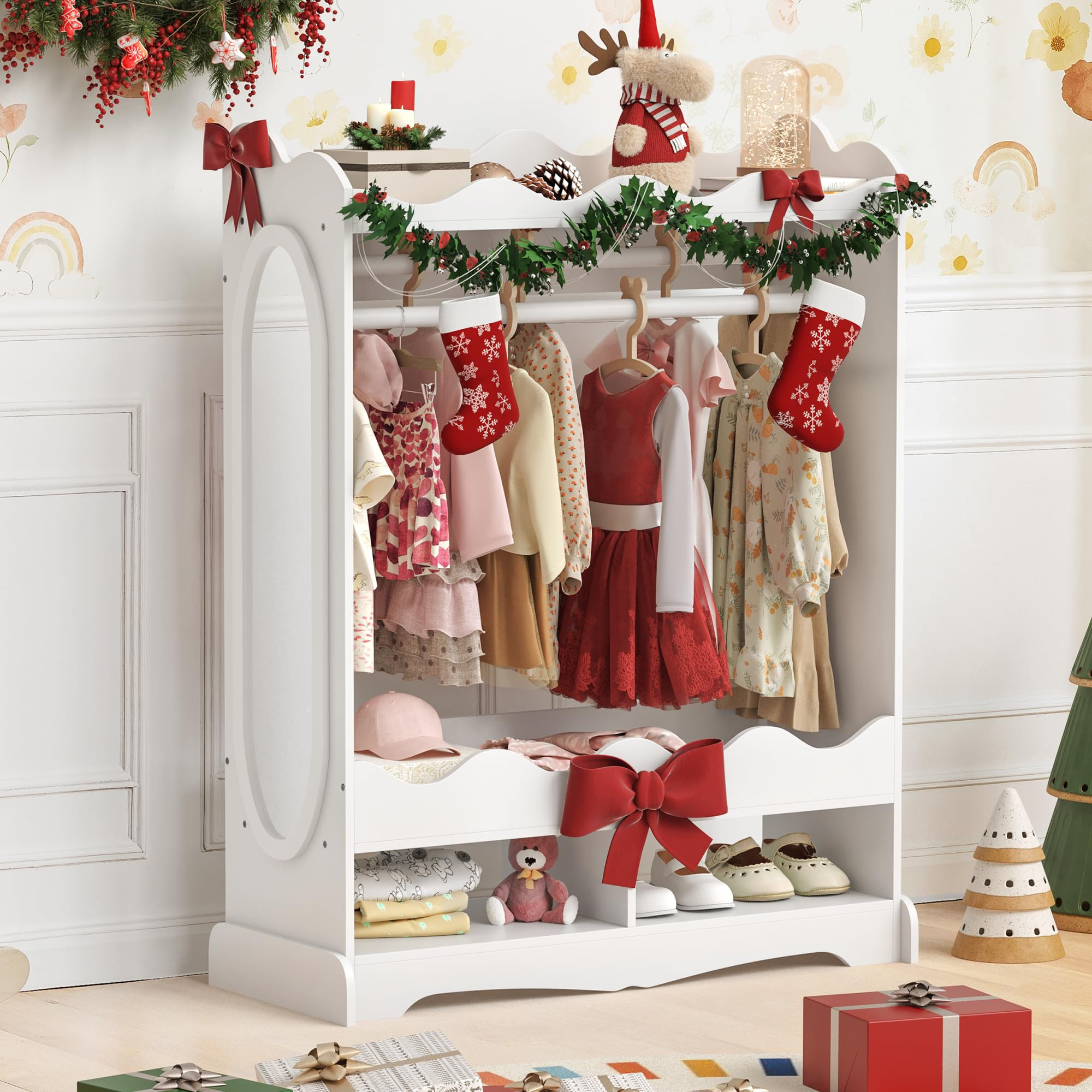 Curipeer Double Rods Kids Dress Up Storage with Full-Length Mirror, Kids Wardrobe Closet with 3 H... | Amazon (US)