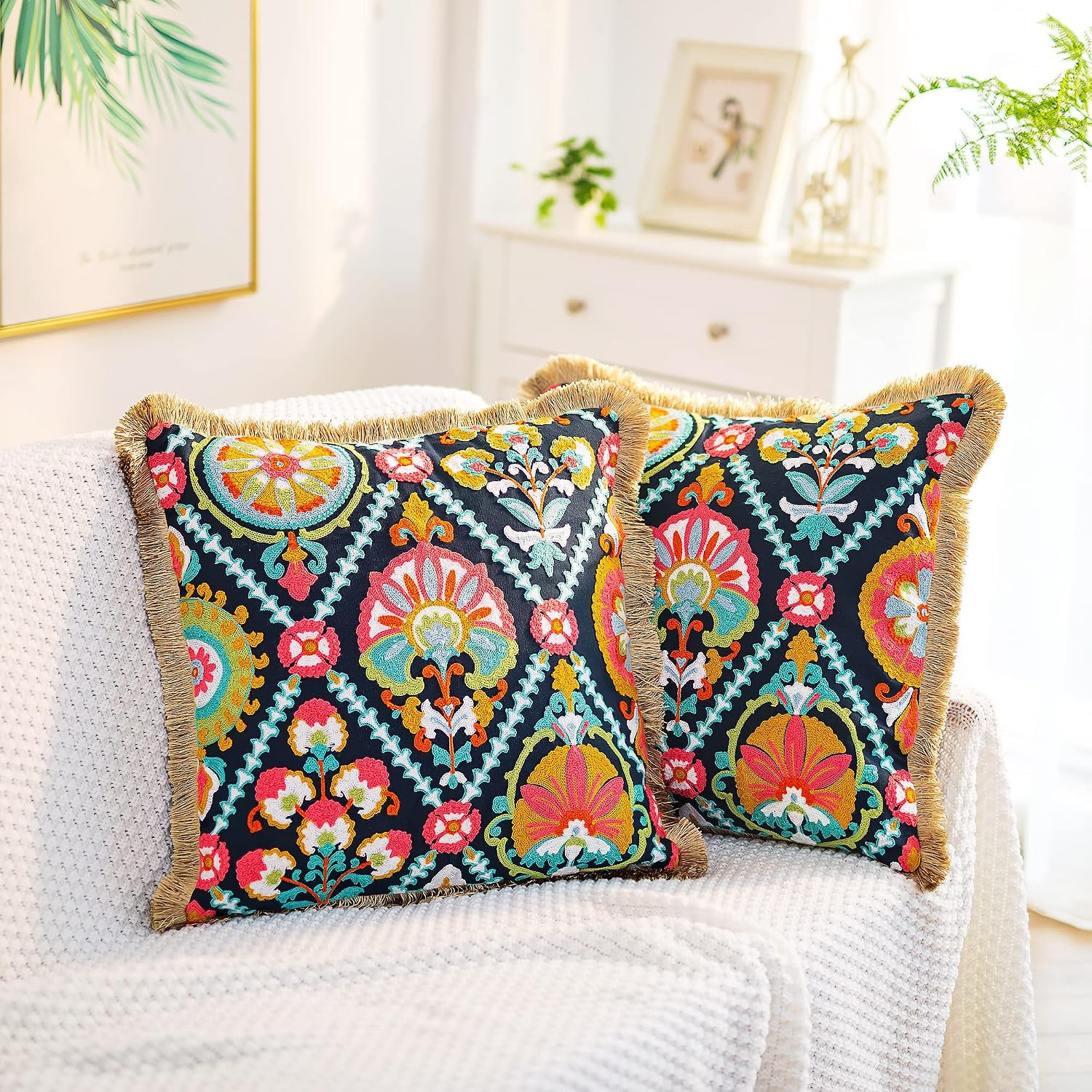 Yurico 2 Pack Cotton Linen Pillow Covers Boho Embroidered 18x18 Inch | Amazon (US)
