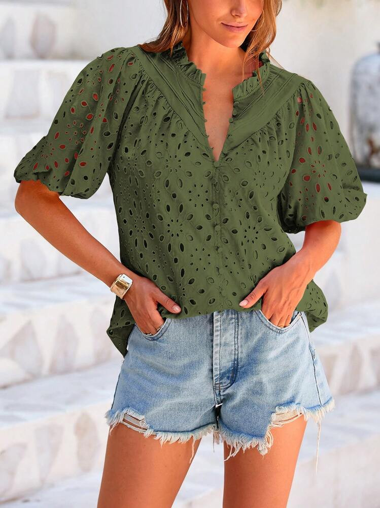 Women's Casual Summer V Neck Puff Short Sleeve Hollow Out Eyelet Embroidery Button Spring Fashion... | SHEIN