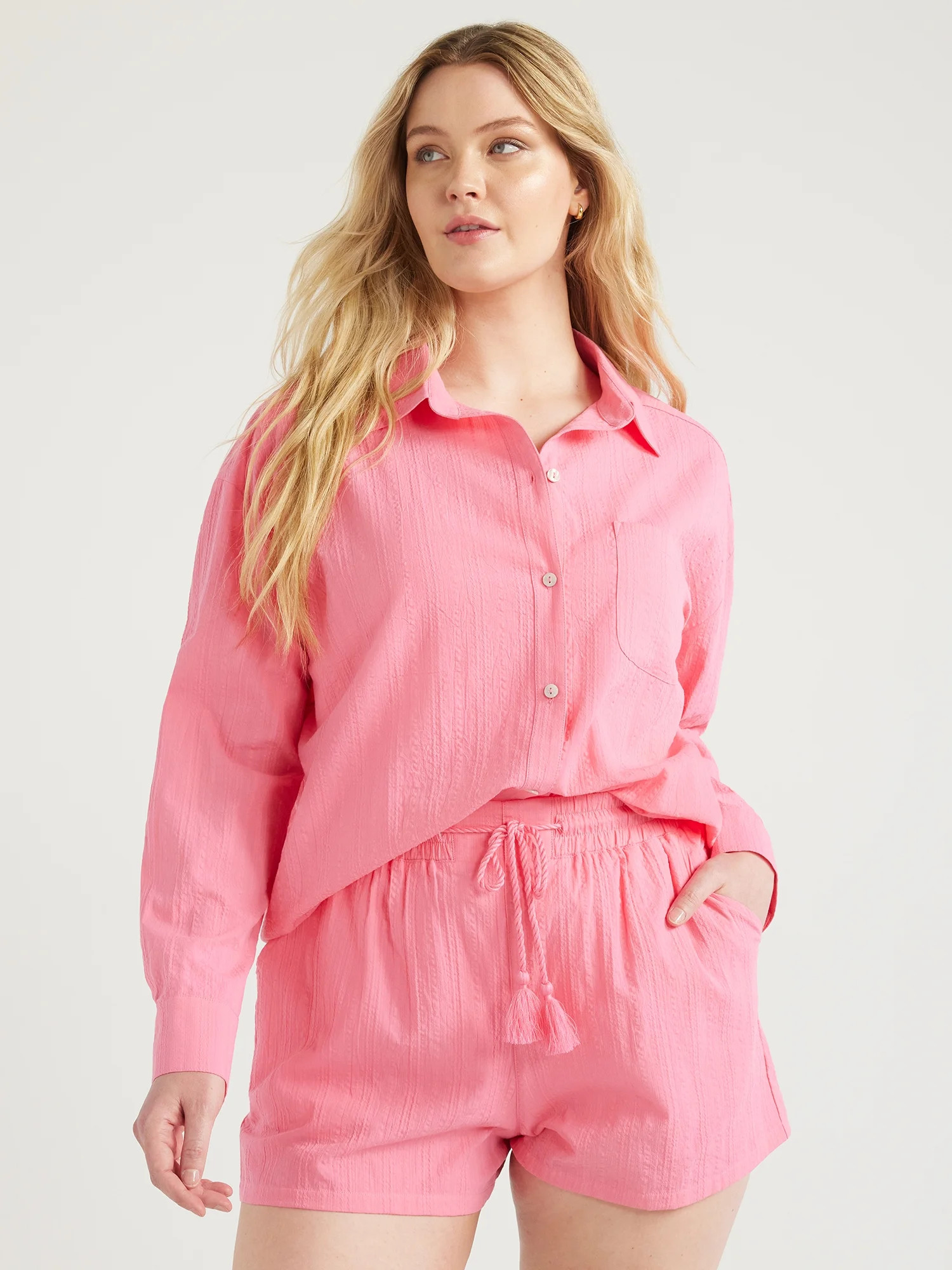 Time and Tru Women's and Women's Plus Cotton Button Front Coverup Shirt, Sizes XS-3X | Walmart (US)