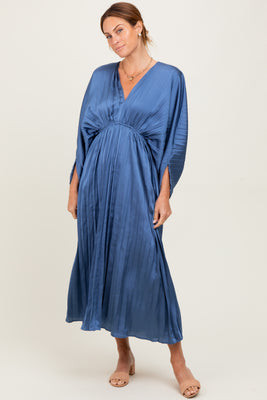 Blue Satin Pleated V-Neck Maxi Dress | PinkBlush Maternity
