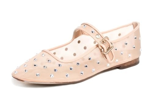 ZIXSAA Pink Mesh Ballet Flats for Women Rhinestone Mary Jane Flats with Buckle Strap Square Toe Embellished Studded Ballerina Shoes | Amazon (US)