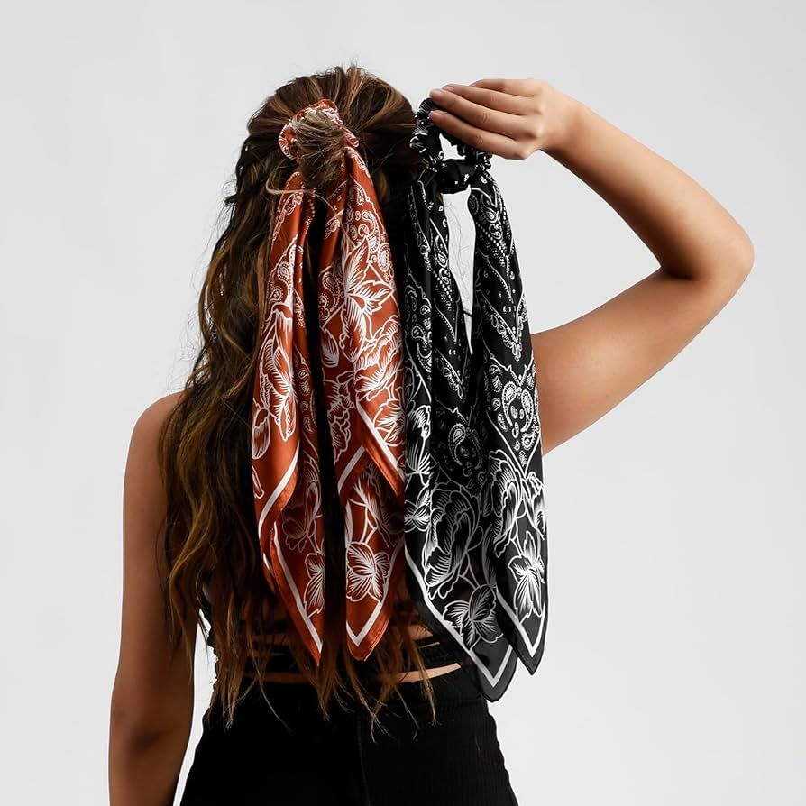 Artilady Hair Scarf Scrunchie - 2 Pcs Long Silk Scrunchies with Scarf Tails,Black Scarf Hair Ties... | Amazon (US)