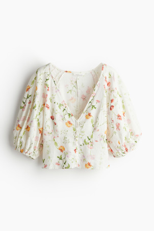 Linen-blend Blouse - White/blue floral - Ladies | H&M US | H&M (US + CA)
