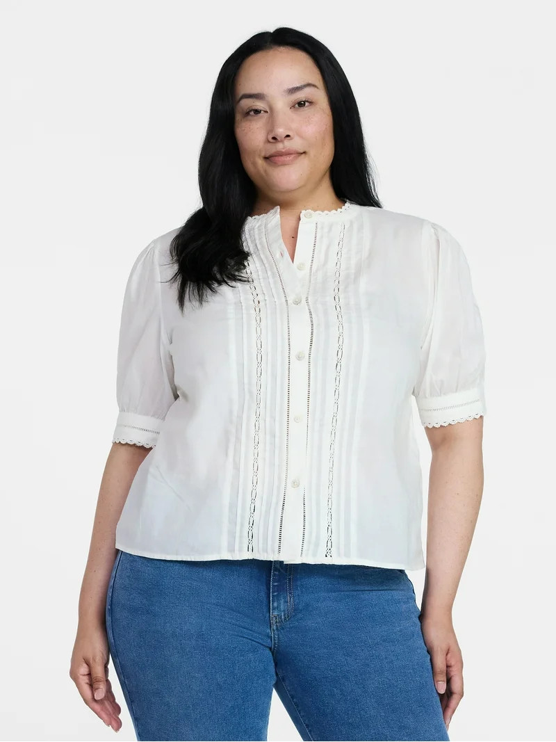 Time and Tru Women's and Women's Plus Cotton Lace Inset Blouse with Elbow Length Sleeves, Sizes X... | Walmart (US)