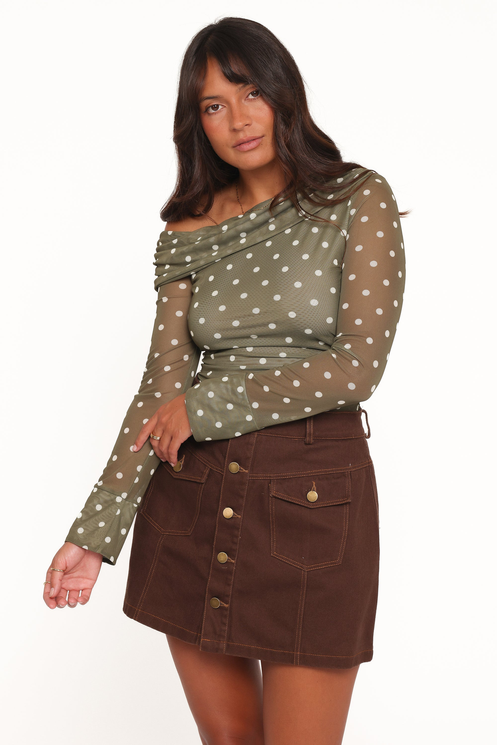 Ginevra Off Shoulder Mesh Top - Green Polka Dot | Petal & Pup (AU)
