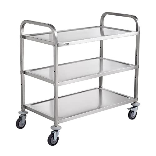 VEVOR Extra Large Utility Cart, 3 Tier Rolling Cart with Adjustable Shelf, Stainless Steel Kitchen Serving Cart with Swivel Casters Brake Wheels, Metal Food Storage Service Trolley, 37"L x 20"D x 37"H | Amazon (US)