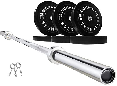 Signature Fitness 2" Olympic Bumper Plate Weight Plates with Steel Hub, 210LB Set (2X 25/35/45LB), Black, with 7FT Olympic Barbell (Chrome) | Amazon (US)