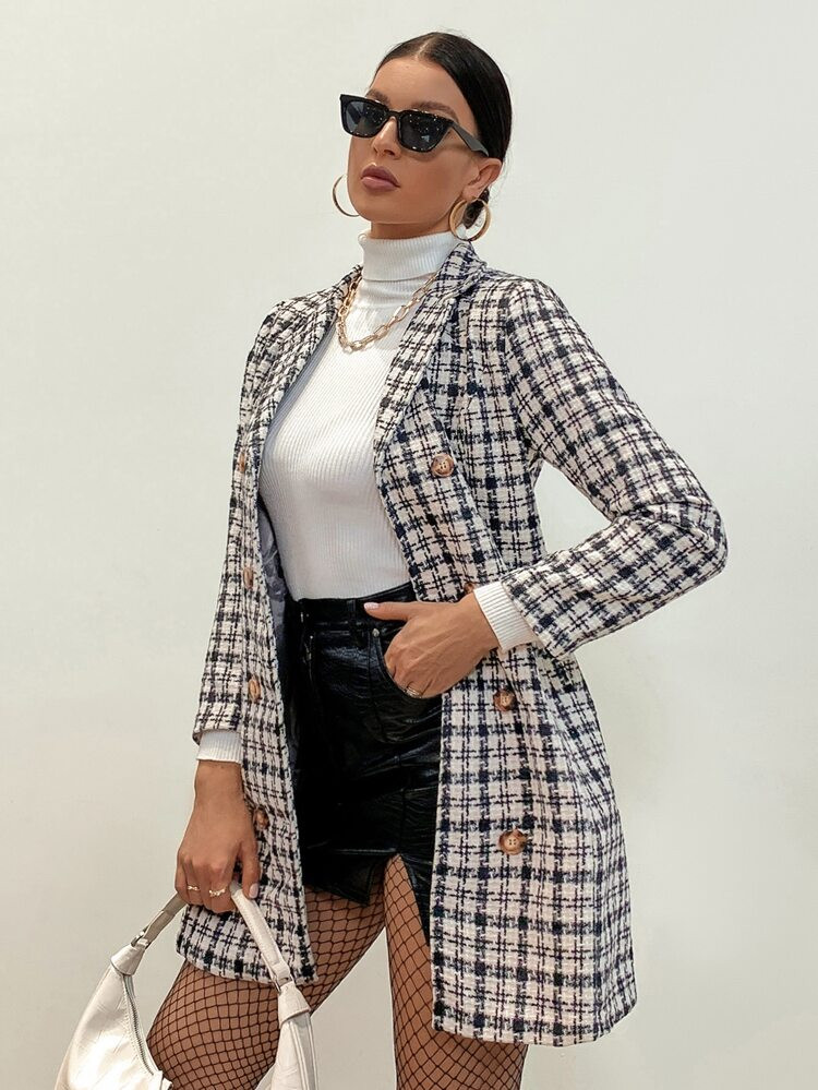 Double Breasted Plaid Overcoat | SHEIN