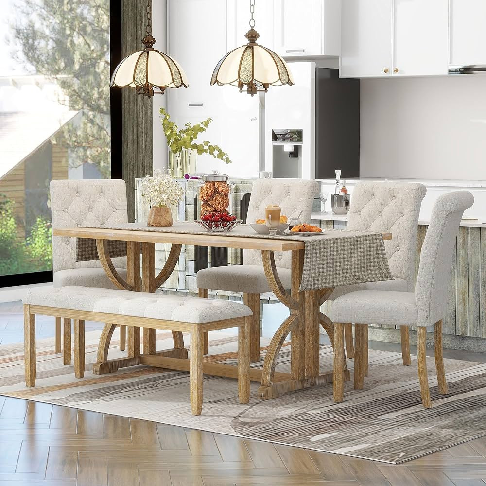 Merax 6 Pieces Wood Dining Table Set with Bench, Retro Rectangular Table with Unique Legs and 4 U... | Amazon (US)