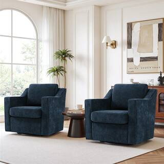 Uixe Modern Navy Chenille Upholstered Swivel Accent Barrel Chair with Metal Base (Set of 2) CH006... | The Home Depot