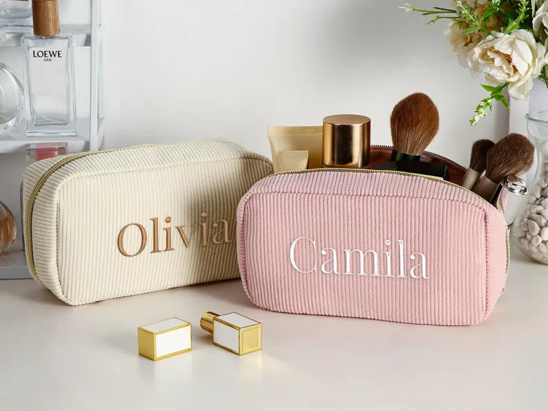 Personalized embroidered makeup bag,Travel lettered cosmetic Bag,Custom name corduroy makeup bag,... | Etsy (US)