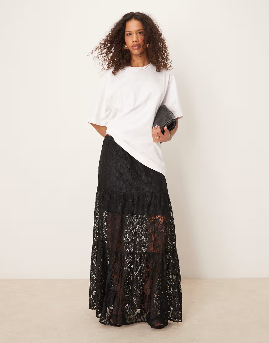 ASOS DESIGN lace tiered maxi skirt with lining in black | ASOS (Global)