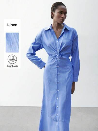 Maija Women's Vacation Knotted Waist Shirt Collar Single-Breasted Pleated Waist Design Classic Bl... | SHEIN