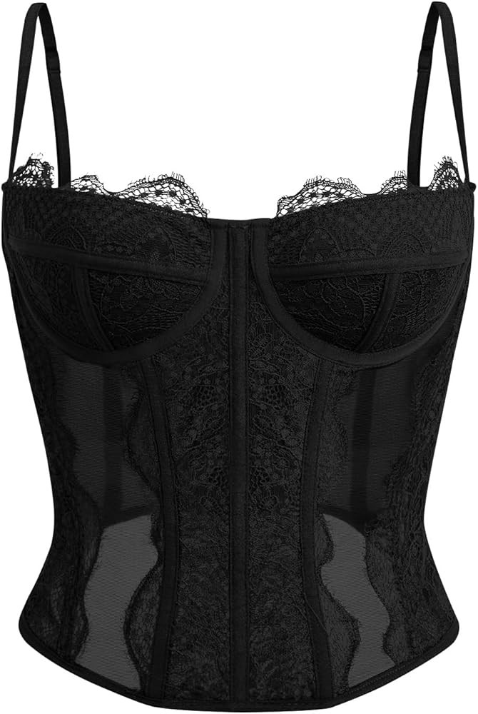 Dealmore Corset Tops For Women Going Out Lace Mesh Date Night Top Spaghetti Strap Party Club Top | Amazon (US)