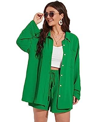 MakeMeChic Women's Plus Size Casual 2 Piece Outfits Long Sleeve Button Down Blouse and Shorts Set | Amazon (US)