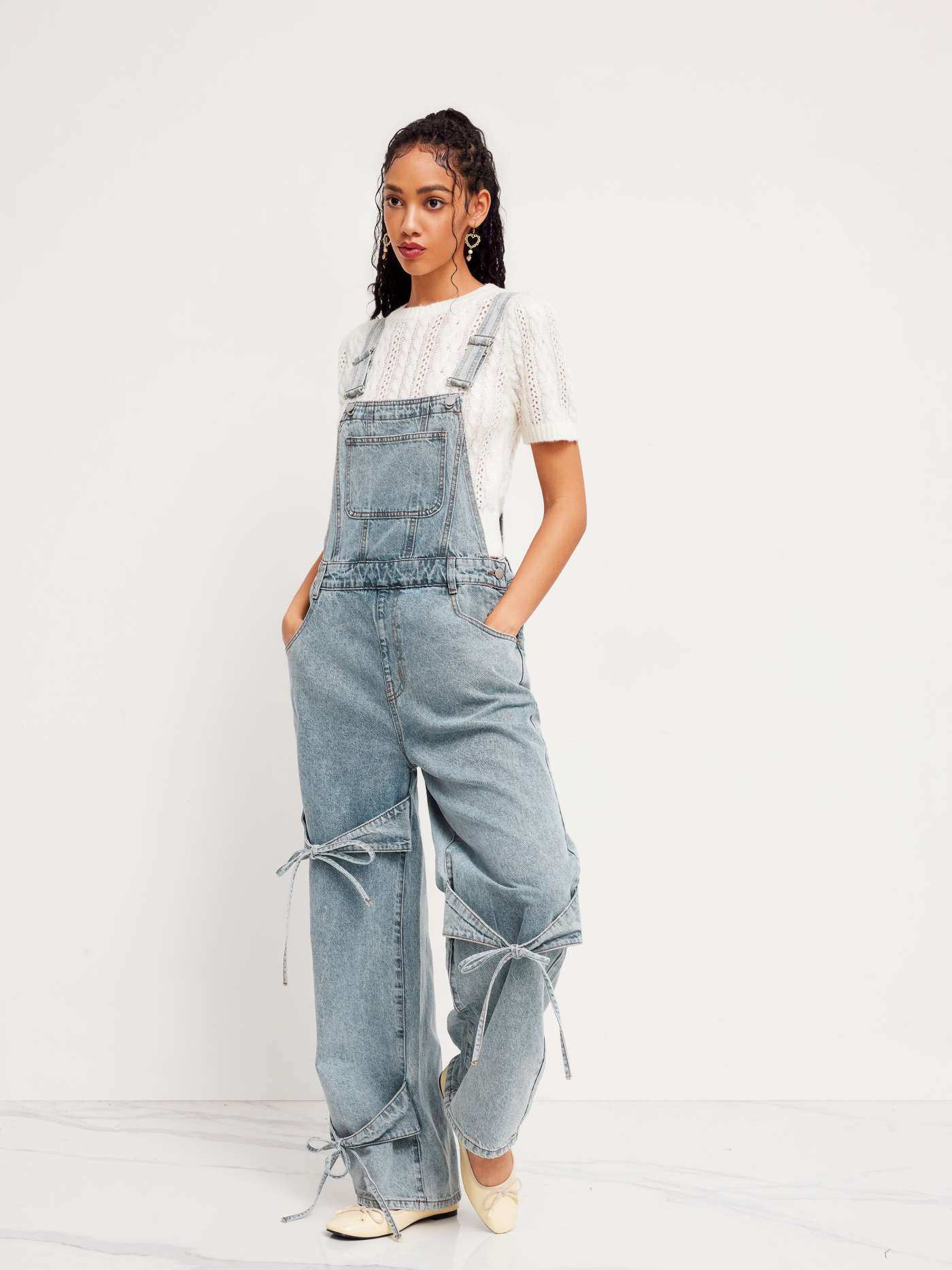 Denim Bowknot Buckle Up Pocket Wide Leg Jumpsuit | Cider