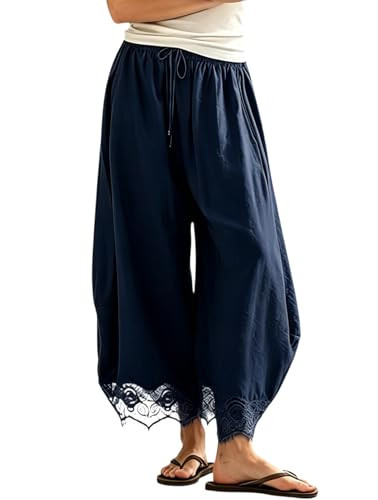 Women's Cropped Lace-Hem Pants Lace Trim Wide Leg Pants Drawstring Casual Lightweight Flowy Palaz... | Amazon (US)