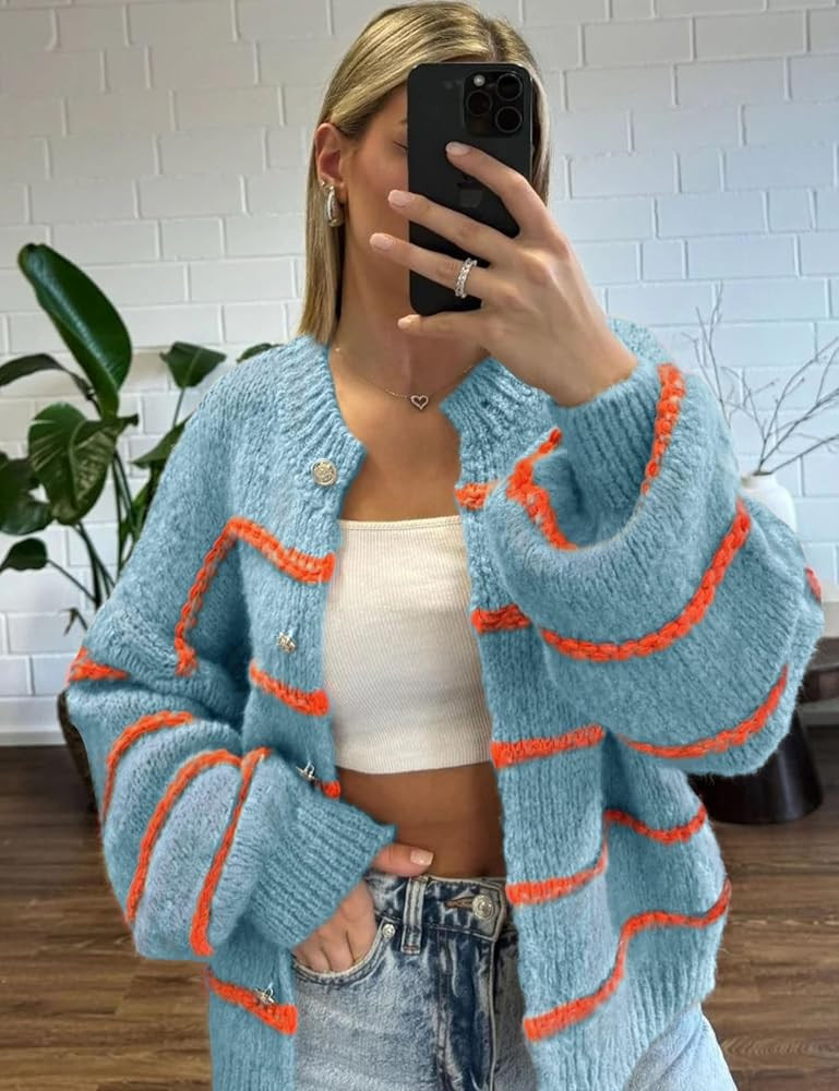 QIBABU Womens Striped Cardigan Sweaters Casual Open Front Long Sleeve Button Down Knit Outwear | Amazon (US)