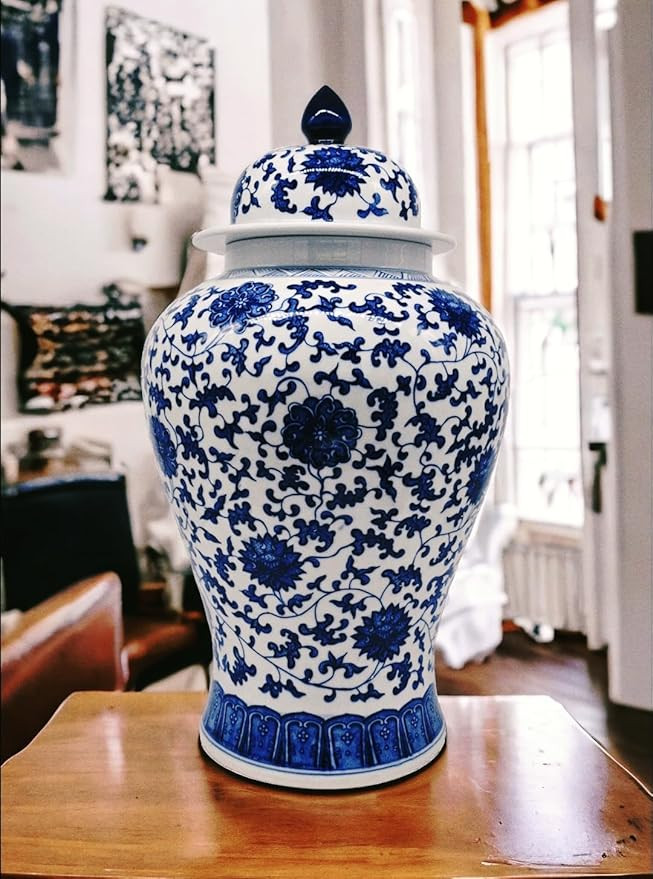 24" Classic Blue and White Floral Porcelain Ceramic Temple Ginger Jar Vase, Large China Qing Styl... | Amazon (US)