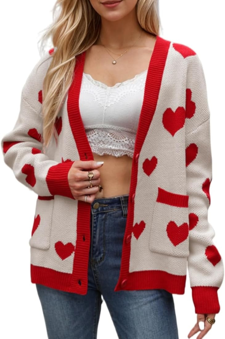 Women Cute Heart Oversized Cardigan Open Front Button Down Valentines Day Love Print Knit Sweater... | Amazon (US)