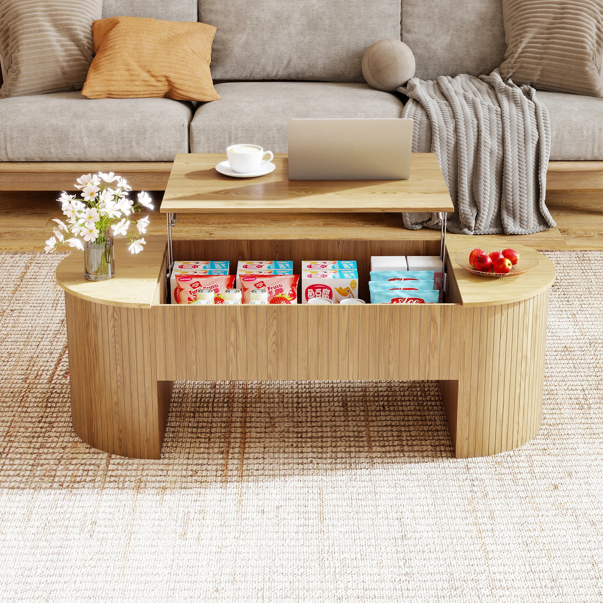 Lift-top Coffee Table With Hidden Storage, Oval Coffee Table With Lift-up Tabletop, Mid-century M... | Wayfair North America
