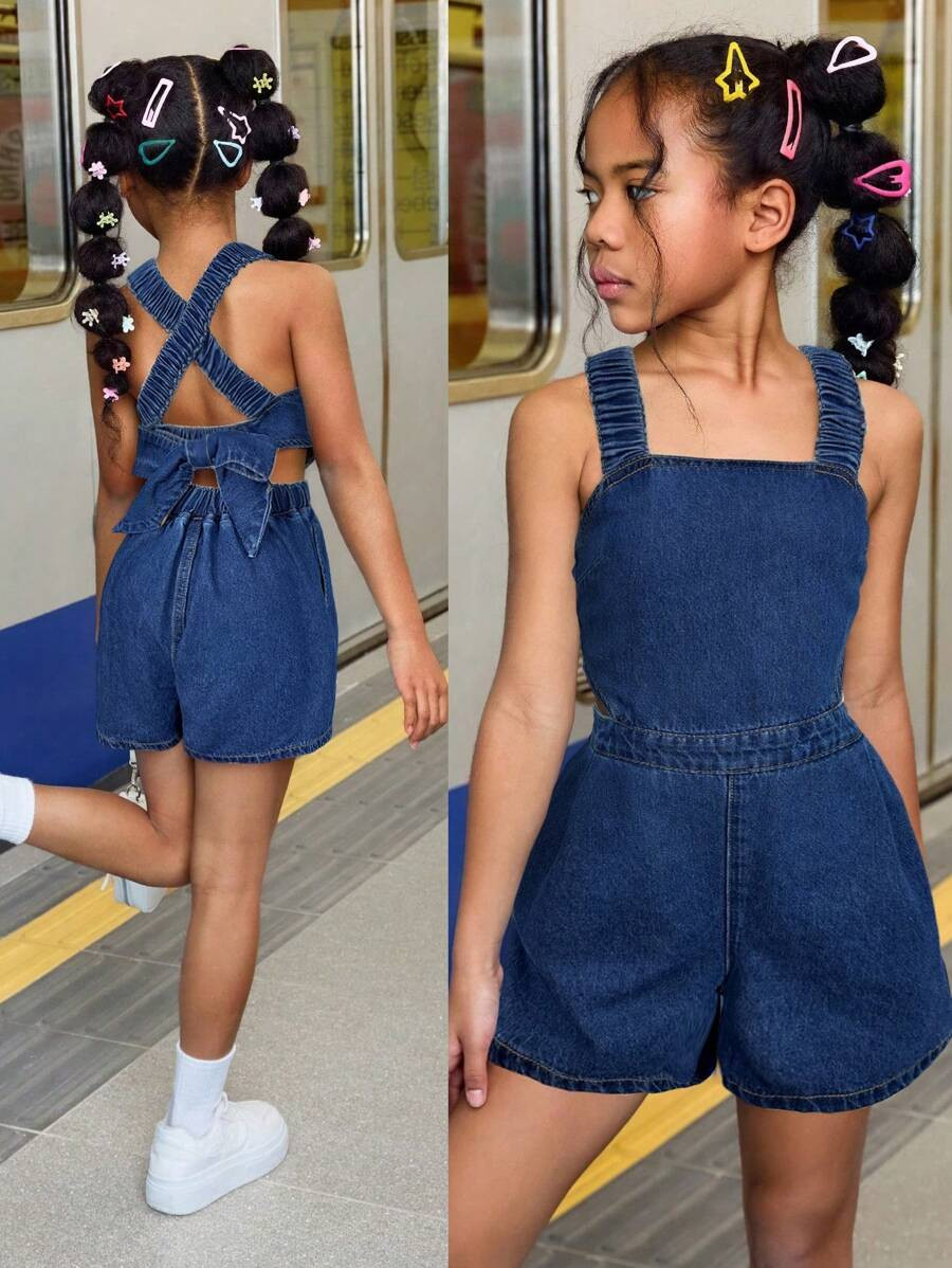 SHEIN Tween Girl Summer Beach Boho Cool & Street-Style Stonewashed Jumpsuit With Cross Back Strap... | SHEIN