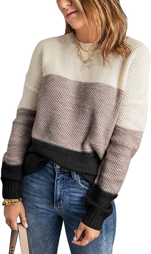 Lovezesent Womens Striped Color Block Sweater Long Sleeve Ribbed Knit Pullover Sweaters | Amazon (US)