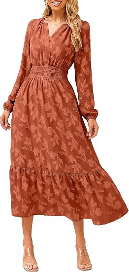 Simplee Women's Boho Floral Long Sleeve Maxi Dress Fall V Neck Empire Waist Swing Flowy Wedding G... | Amazon (US)