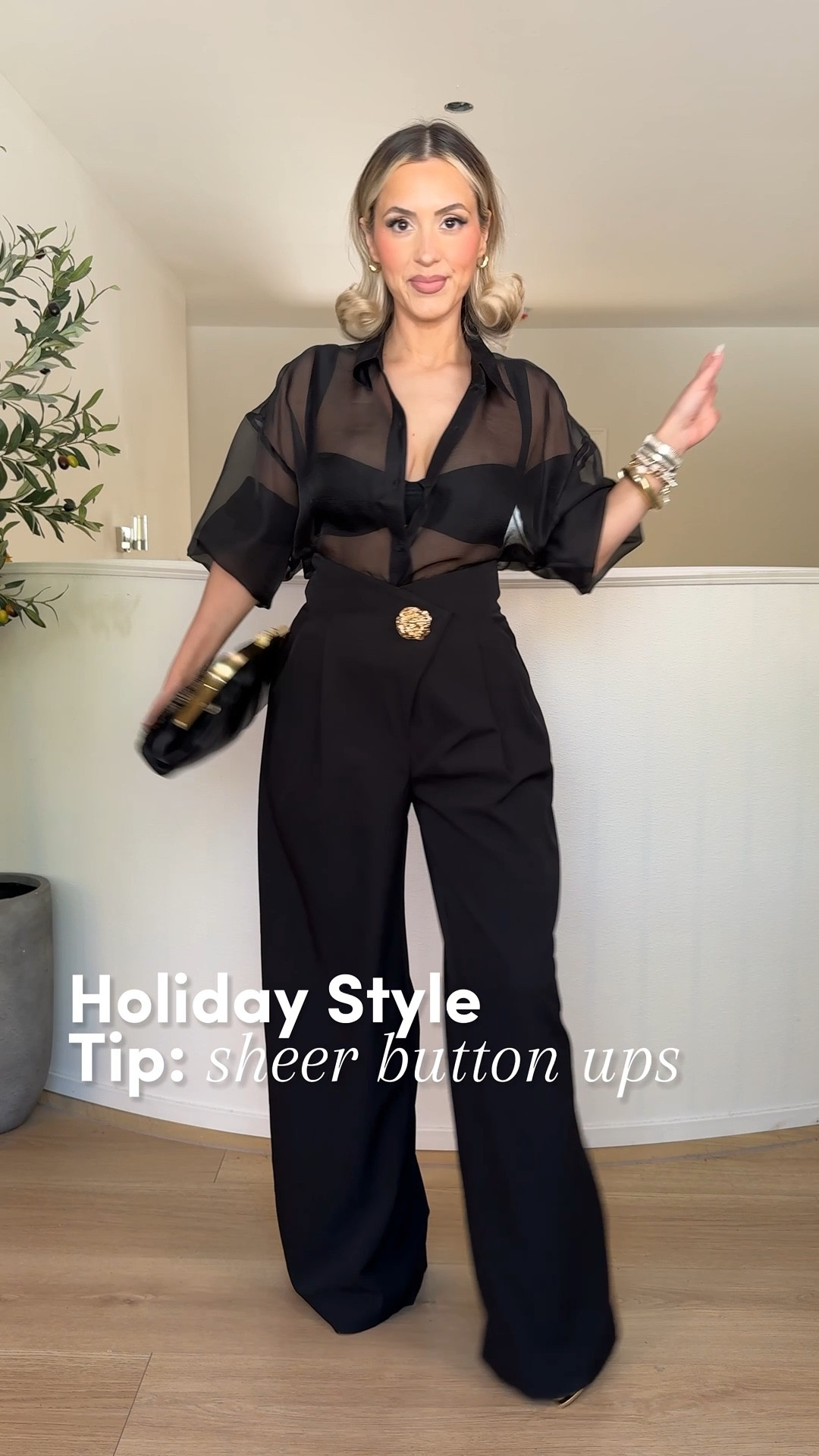 STYLE TIP: Styling sheer button ups for the holidays 😍👏🏼 

I'm wearing all button ups in a small! 

Jeans size 27 
Trousers size small & 4 

#LTKgrwm #LTKootd #LTKHoliday