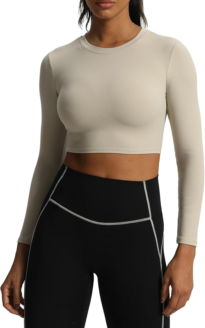 Aoxjox Long Sleeve Crop Tops for Women Classic Longline Workout Cropped T Shirt Top Length | Amazon (US)