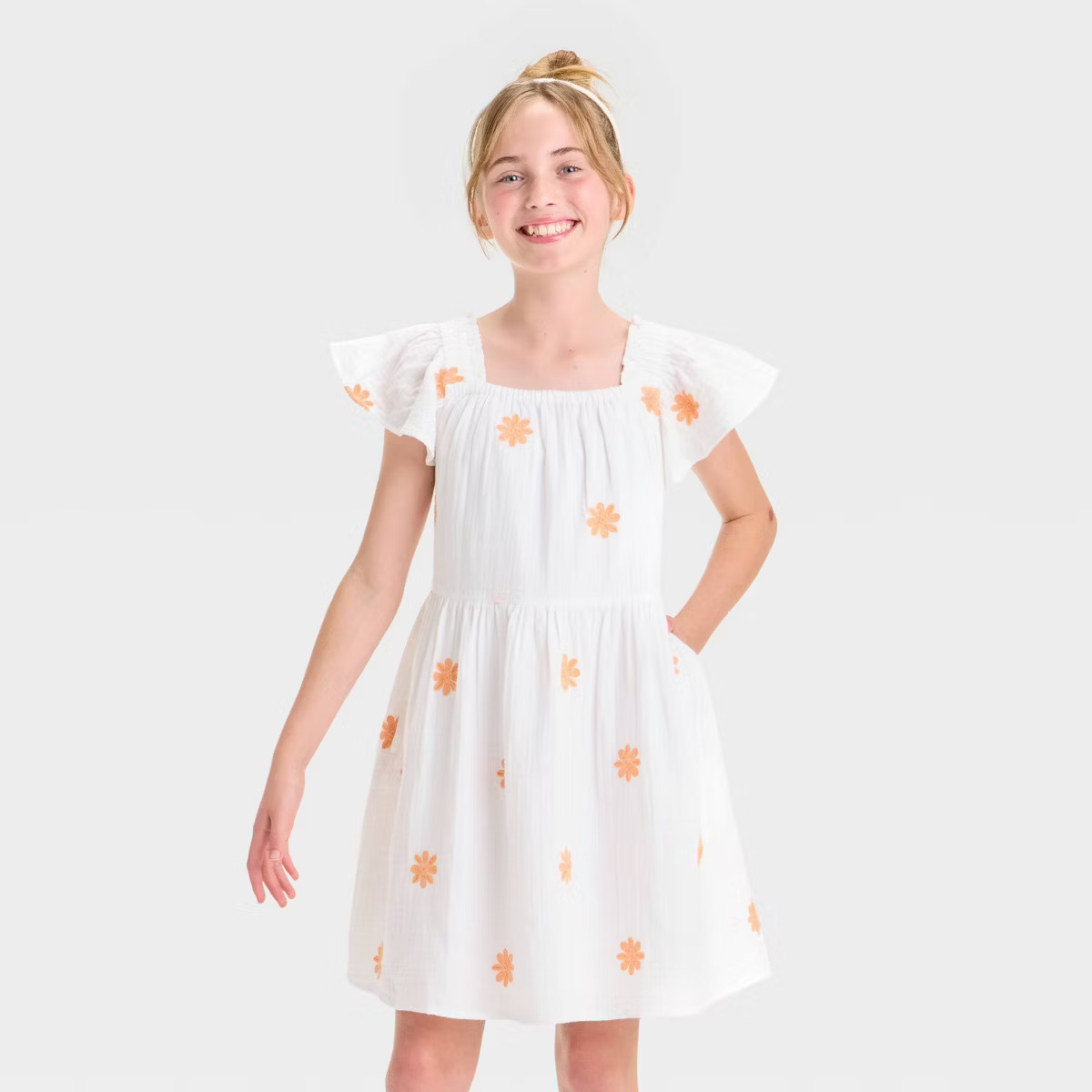 Girls' Flutter Sleeve Embroidered Woven Dress - Cat & Jack™ | Target