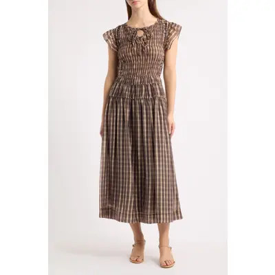 MOON RIVER Smocked Tie Front Midi Dress in Chocolate at Nordstrom, Size Small | Nordstrom