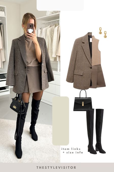 Love this transitional look with a zara skort + long blazer (xs) combo. Zara ref code 5427/407 in xs, linked some dupes as well. Read the size guide/size reviews to pick the right size.

Leave a 🖤 to favorite this post and come back later to shop

Fall outfit inspo, check blazer, skort, over knee boots, black boots, long blazer, sleeveless top, brown skirt, brown blazer 

#LTKSeasonal #LTKeurope