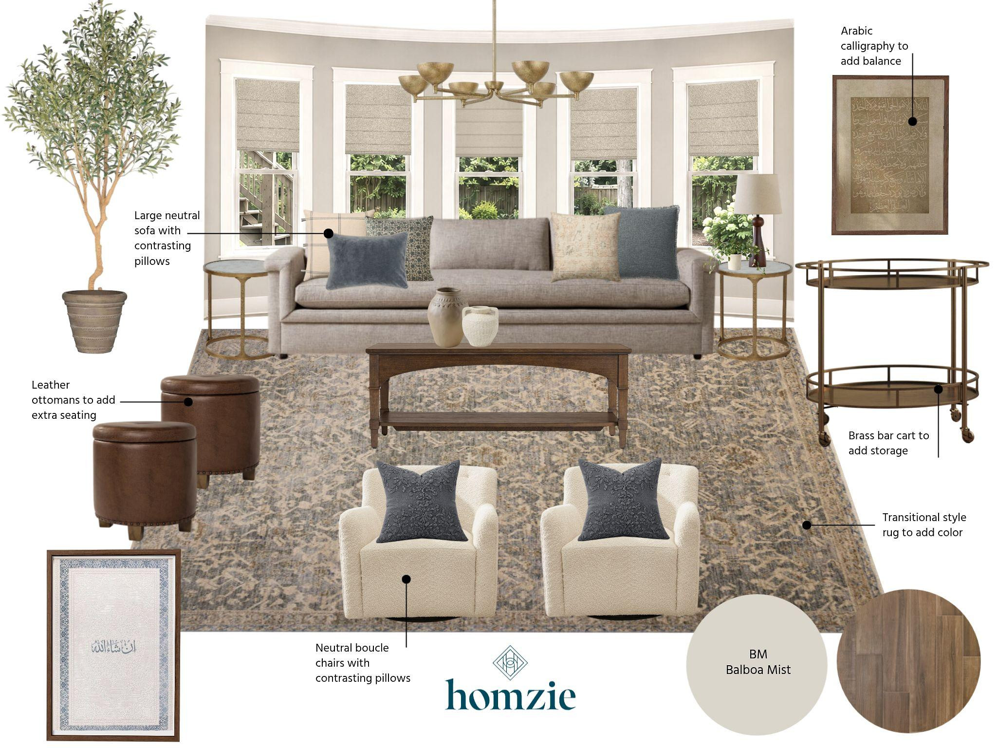 Layered in soft creams, beige, taupe, and blue, this space feels warm, inviting, and effortlessly refined. A large neutral sofa is elevated with contrasting accent pillows, while boucle chairs and rich leather ottomans add texture and extra seating for gathering. A transitional-style rug introduces subtle color and anchors the room, while a brass bar cart and dark wood accents bring warmth, function, and a touch of sophistication.

Every piece is thoughtfully selected to create a space that's both beautiful and made for everyday living.

#LTKHome #LivingRoomDesign #TransitionalStyle #NeutralHome #InteriorDesign #HomeDecor #LivingRoomInspo #TimelessDesign #LTKCreator 

 