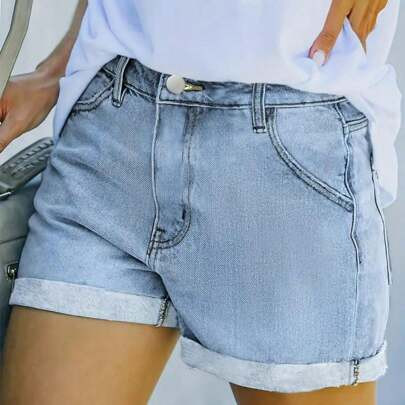 Women Pocket Denim Shorts, High-Waisted Slim-Fit Cuffed Denim Mini Shorts, Sexy Casual Style, Beach Jeans | SHEIN