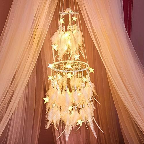 Dremisland Double Circle White Feather Dream Catcher with Mobile LED Fairy Lights Wall Hanging Ornam | Amazon (US)