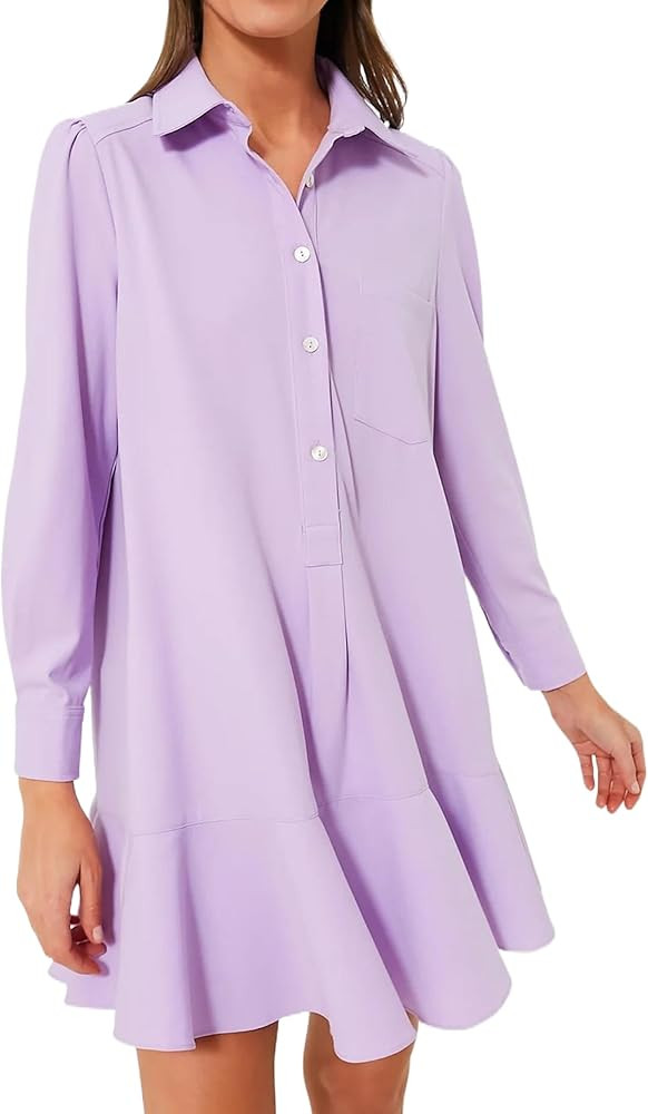 Women's Tunic Shirt Mini Dress Long Sleeve Cotton Drop Waist Collar Short Dress Button Up Ruffle ... | Amazon (US)