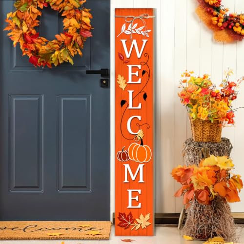 Pumpkins Welcome Porch Sign, Fall Wooden Sign for Front Porch, Sign Yard with Linen Bows, Thanksgiving Vertical Wood Sign Standing for Patio Front Door Porch, Autumn Holiday Home Party Entryway Yard Wall Decor Indoor Outdoor, 47x8 inch | Amazon (US)